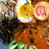 Spicy Miso Ramen · SPICY! Spicy ground pork, Toppings include Beansprouts, Boiled egg, Green-onions, Nori(seawe...