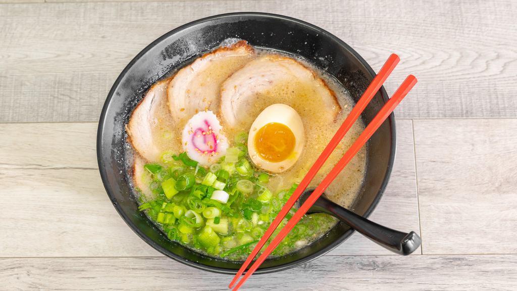 Shio Ramen · Light Salt taste. Includes Chashu (marinated pork belly), Green onions, sesame seeds, fish cake, and soft boiled egg.