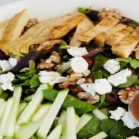 Pear And Gorgonzola · Mixed greens, grilled chicken, candied walnuts, dried cranberries, and Gorgonzola crumbles s...