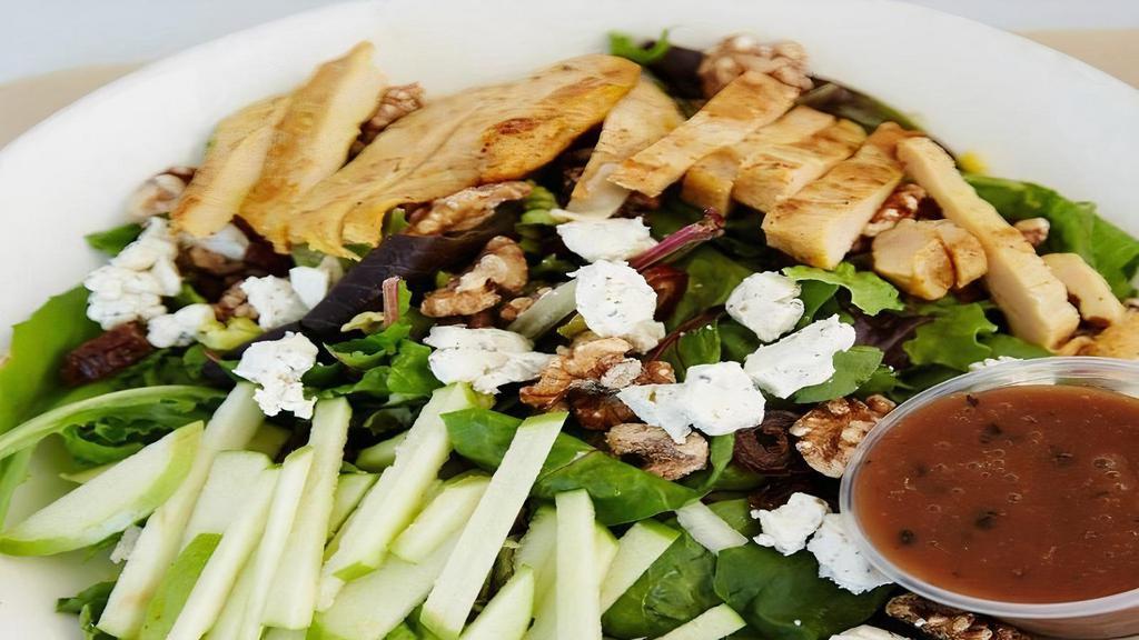 Pear And Gorgonzola · Mixed greens, grilled chicken, candied walnuts, dried cranberries, and Gorgonzola crumbles served with balsamic vinaigrette dressing.