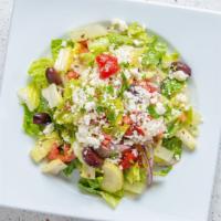 Greek Salad · Chopped Romaine lettuce, feta cheese, tomatoes, cucumbers, roasted bell peppers, onions, Kal...