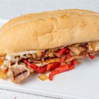 Philly Cheesesteak · Grilled beef, roasted bell pepper and onion,  melted provolone, grilled French roll