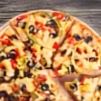 Mediterranean Pizza · Olive oil, feta cheese, green peppers, red onions, green olives, black olives, and tomatoes.