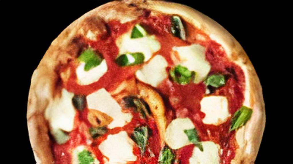 Margherita Pizza · Fresh basil, tomatoes, garlic, mozzarella, parmesan, and olive oil base.