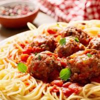Spaghetti With Meatballs · Fresh spaghetti and homemade ground beef meatballs served with red sauce, red pepper flakes,...