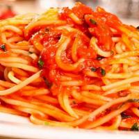 Spaghetti With Italian Sausage · Fresh spaghetti with Italian Sausage served with red sauce, red pepper flakes, and parmesan....