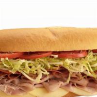 Ham And Provolone Sub · Ham, provolone cheese, mayonnaise, mustard, lettuce, tomato, and onions.