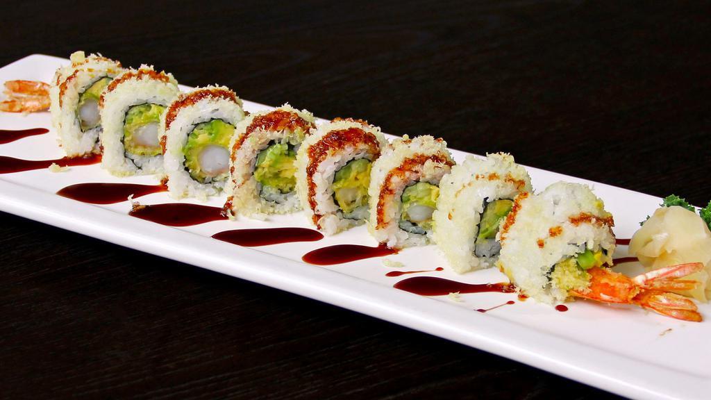 Crunchy Roll 8Pcs · Inside: 2 pieces shrimp tempura, cucumber, and avocado. Outside: tempura flake, eel sauce, and sesame.
