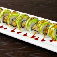 Caterpillar Roll  8Pcs · Inside: eel, cucumber, imitation crab. Outside: avocado, eel sauce, sesame