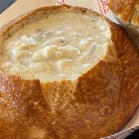 Clam Chowder Bread Bowl · 12 oz Loaded clam chowder with bacon includes toasted bread bowl.