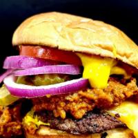 Chili Burger · Chili, mustard, pickles, onion, tomato and cheese.