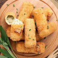 Mozzarella Sticks · Elongated pieces of breaded mozzarella, served with marinara sauce.