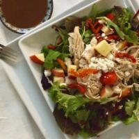 Chicken & Apple Delight Salad · Mixed greens, sun-dried tomatoes, goat cheese, cherry tomatoes, chicken, walnuts and apples ...