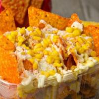 Doriesquite Large · Chips with corn, mayo, butter, granulated cheese, tapatio. Chips choices: Flaming hot cheeto...