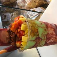 Mangoleta Monster  · three flavor of ice cream mango,strawberri,tamarindo,mango/chamoy,or lime with chaca chaca a...