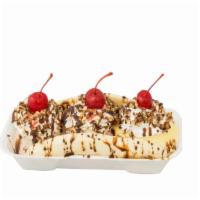 Banana Split · With three flavors of ice cream with whipped cream and cherry, one topping and one syrup top...