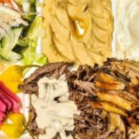 Mixed Shawerma Plate · Chicken and beef served with French fries or rice, salad, hummus, garlic sauce, pickles and ...