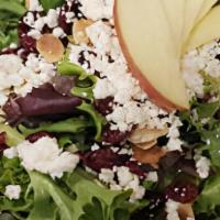Apple Balsamic · Spring mix tossed in balsamic vinaigrette with goat cheese, toasted almonds & dried cranberr...
