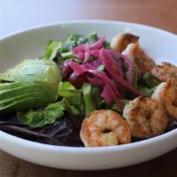 Shrimp & Avocado Salad · asparagus | roasted grape | pickled onion | lemon dressing