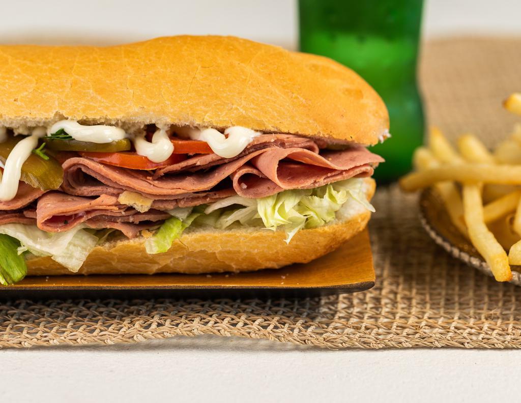 Mortadella Sandwich · Beef mortadella topped with lettuce, tomato, pickles, onions, parsley, mayo and thousand island sauce.