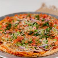 Veggie Pizza · Green pepper, tomato, mushroom, onion, and cheese.