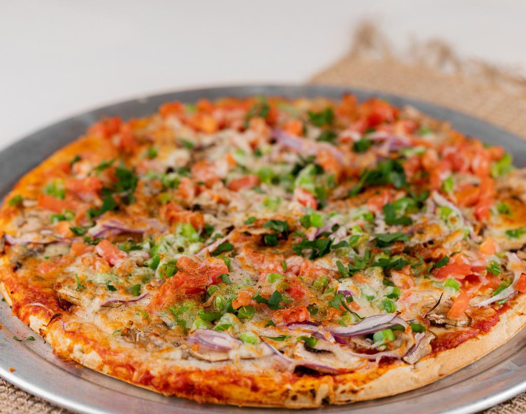 Veggie Pizza · Green pepper, tomato, mushroom, onion, and cheese.