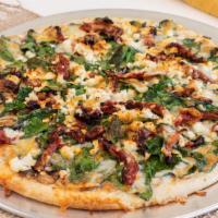 Spinach & Goat Cheese Pizza · Ranch sauce, spinach, sun-dried tomato, mushroom, goat cheese, and mozzarella cheese.