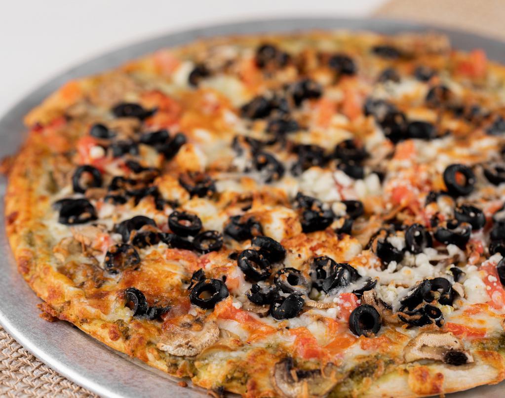 Olive Pizza · Pesto sauce, tomato, mushroom, olive, goat cheese, and mozzarella cheese.