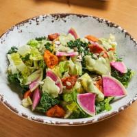 Green Goddess Salad · Chopped kale, chopped romaine, roasted sweet potatoes, watermelon radish, sunflower seeds, w...