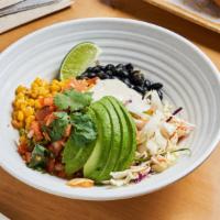 Burrito Bowl · Steamed quinoa, charred corn, black beans, pico de gallo, avocado, shredded cabbage, cilantr...