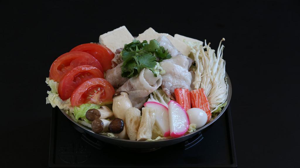 Tomato Veggie Pot W/Pork · Tomato Broth (Beef-Based): Napa Cabbage, Tomato, Baby Corn, Pig Blood Cake, Tofu, Frozen Tofu, Fish Tofu, Meat Ball, Fish Ball, Taiwanese Fish Cake, Japanese Fish Cake, Imitation Crab, Quail Egg, Enoki Mushroom >> Served with Sliced Pork and Steamed Rice