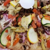 Ultimate Veggie · Ranch style sauce, whole milk mozzarella and cheddar cheese, fresh garlic, red onions, fresh...