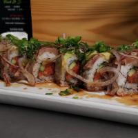 Albacore Delight Roll · Spicy tuna roll wrapped with albacore and garlic ponzu sauce.