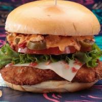 El Diablo Chicken Sandwich · Fried chicken, Spicy jalapenos, Lettuce, Tomatoes, Takis crumbs, American White Cheese, and ...