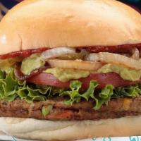 No Moo Vegan · Vegan Patty, Lettuce, Tomatoes, Pickles, Guacamole, Grilles onions, and Ketchup