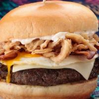 Truffle Burger · 6 oz Angus beef patty, Fried egg, Onion crisps, Bacon, American white cheese, Garlic aoili s...