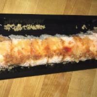 Hustle N Flow Roll · Salmon tempura, avocado, cucumber, radish sprouts, topped with imitation crab, tempura flake...