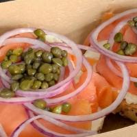 Love You Lox · Bagel with cream cheese, lox, red onion, and capers