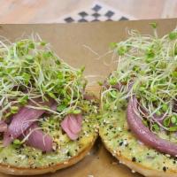 Avocado Toast · New, Daily Free, Vegan. Bagel served open face with Avocado, Everything Seasoning, Pickled R...