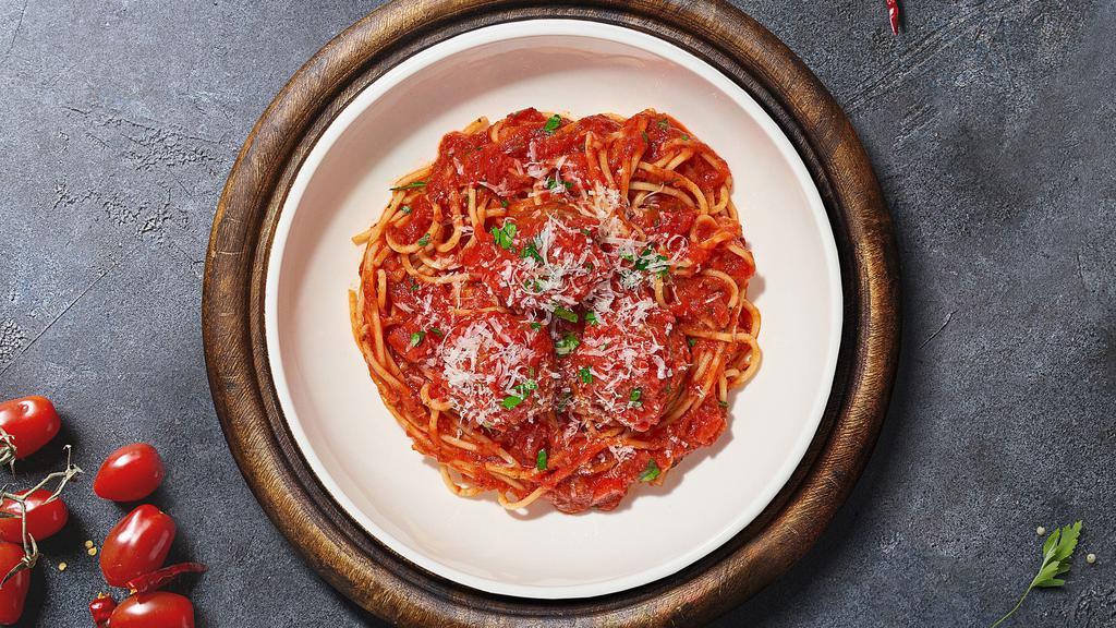 Cloudy With A Chance Of Meatballs (Spaghetti) · Fresh spaghetti and homemade ground beef meatballs served with rossa (red) sauce, red pepper flakes, and parmesan.