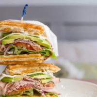 Black Forest Ham Waffle Sandwich · Black forest ham, Provolone cheese, avocado, red onions, tomato, romaine lettuce, dijon must...