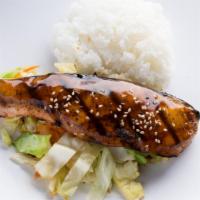 Salmon Teriyaki · grilled skin on salmon served over cabbage with white rice