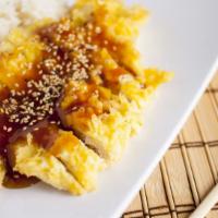 Sesame Chicken · boneless skinless chicken breast tempura fried topped with teriyaki sauce and sesame seeds.