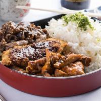 Regular Bento · Beef teriyaki, basa katsu, kazoku chicken & rice.