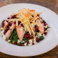 Poached Salmon Spinach Salad · Gala apples, cranberries, goat cheese, candied pecans, balsamic dressing.