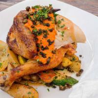 Roasted Half Chicken · Heirloom tomato, asparagus and corn panzanella with natural jus