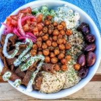 Medi Bowl · Your choice of protein, tahini and dill quinoa, hummus, pickled red onions, feta, tzatziki, ...