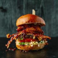 Brooksy Bbq · Applewood Bacon, Gourmet onion rings, Grilled onions, Lettuce, Tomato, Colby Jack Cheese, BB...