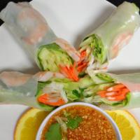 Spring Rolls (2) · Lettuce, carrots, bean sprouts, cucumber, rice noodles, mint and shrimp in a rice paper wrap...