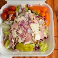 Chef Salad · Lettuce, Tomatoes, Carrots, Pepperoncini, Purple Onions, Turkey, Ham, Mozzarella Cheese.  Si...